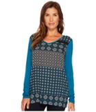 Tribal Long Sleeve Woven Front V-neck Printed Top (lagoon) Women's Long Sleeve Pullover