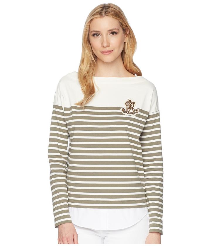 Lauren Ralph Lauren Striped Layered Cotton Sweater (chalk/sage Moss) Women's Sweater