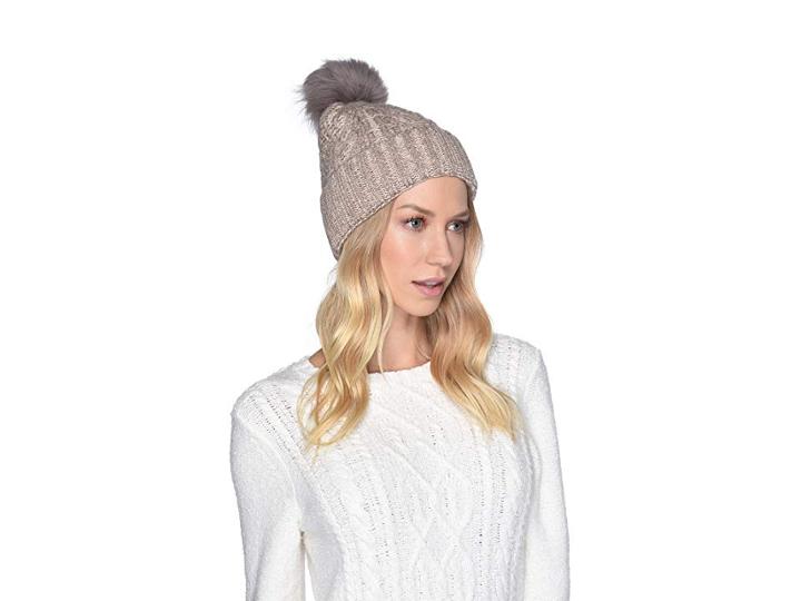 Ugg Cable Knit Pom Beanie (stone Heather Multi Plaited) Caps
