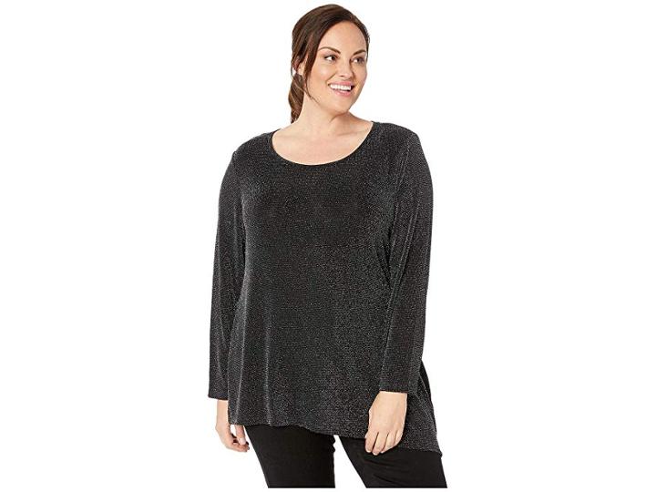 Calvin Klein Plus Plus Size Long Sleeve Asymmetric Metallic Top (black/silver) Women's Clothing