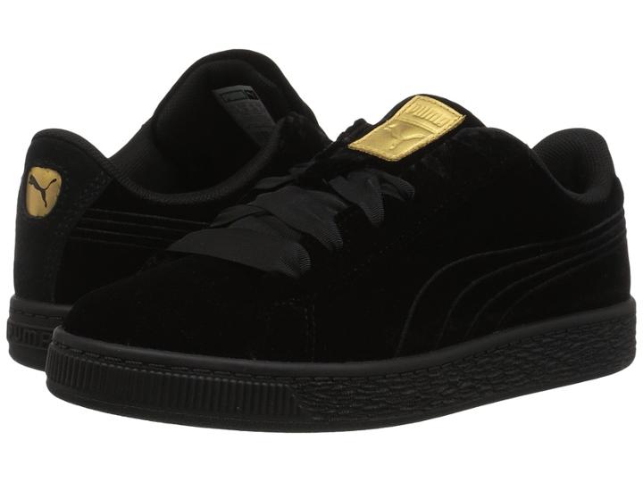 Puma Kids Basket Classic Velour (little Kid/big Kid) (puma Black/metallic Gold) Girls Shoes