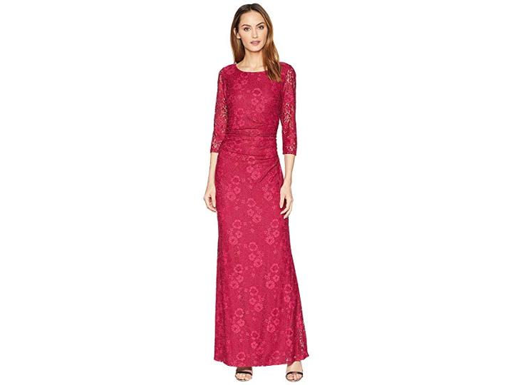 Marina Long Sleeve Glitter Lace Dress With V Drapped Back And Side Shirring (ruby) Women's Dress