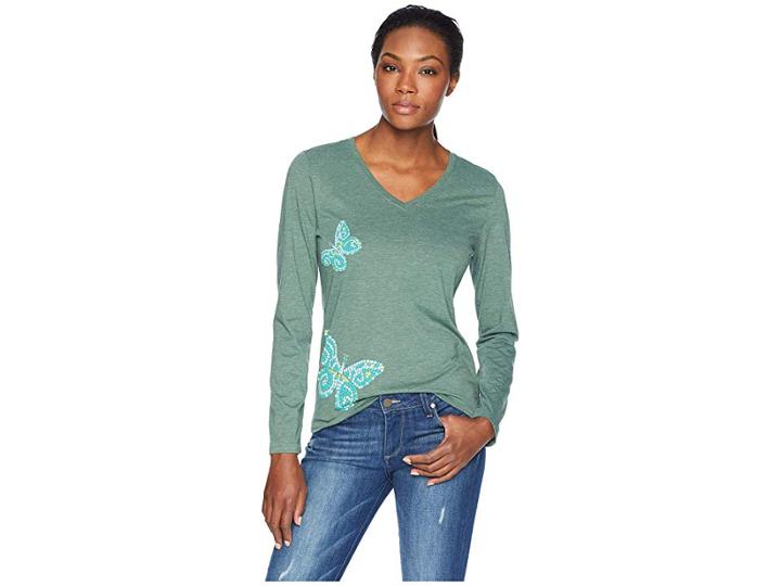 Life Is Good Mosaic Butteflies Cool Long Sleeve Vee (forest Green) Women's T Shirt