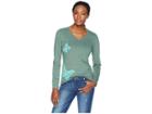 Life Is Good Mosaic Butteflies Cool Long Sleeve Vee (forest Green) Women's T Shirt