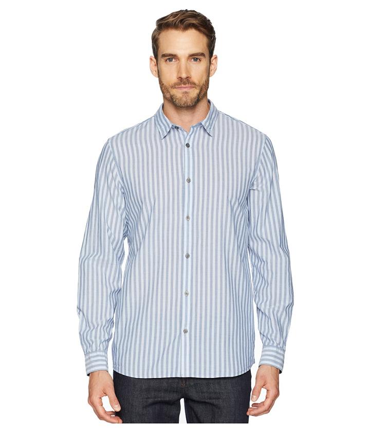 Calvin Klein Long Sleeve Washed Stripe Button Down Shirt (clear Sky) Men's Clothing