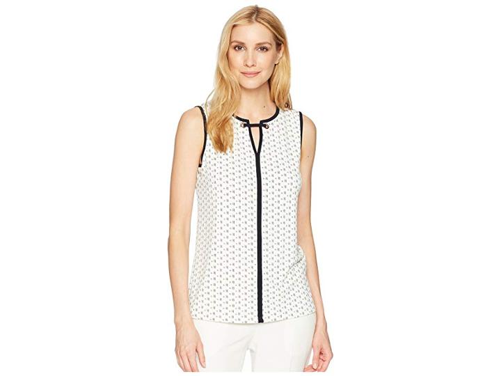Ivanka Trump Matte Jersey Contrast Piping Sleeveless Printed Top (navy/ivory) Women's Clothing