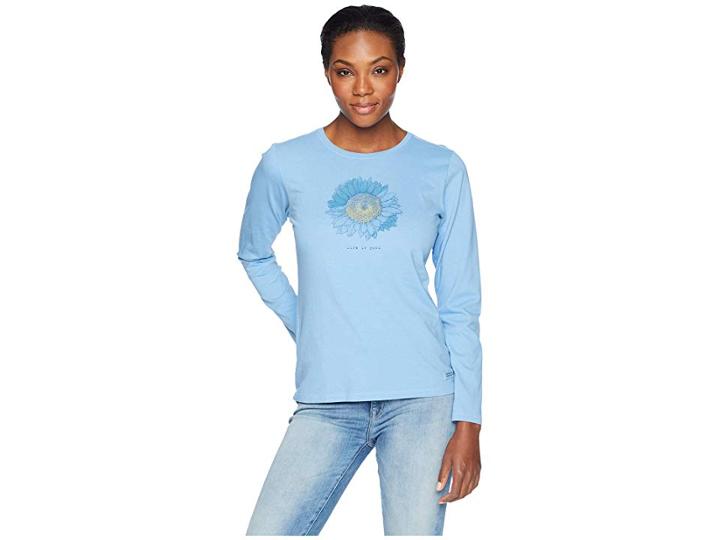Life Is Good Engraved Sunflower Crusher Long Sleeve T-shirt (powder Blue) Women's T Shirt