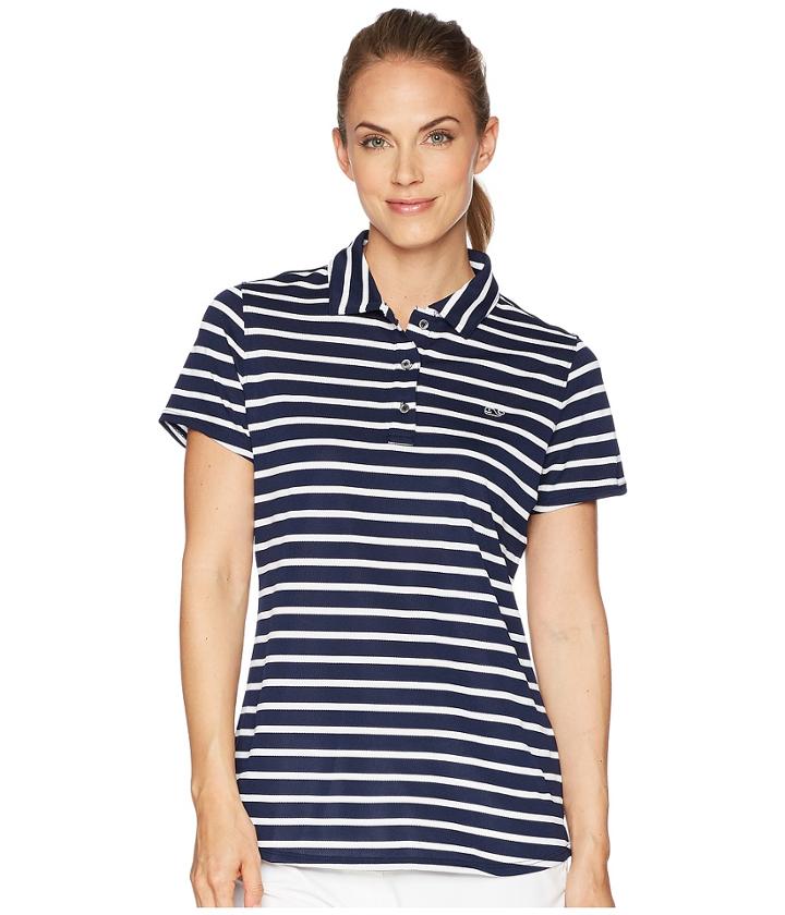 Vineyard Vines Golf Short Sleeve Striped Pique Polo (deep Bay) Women's Short Sleeve Pullover