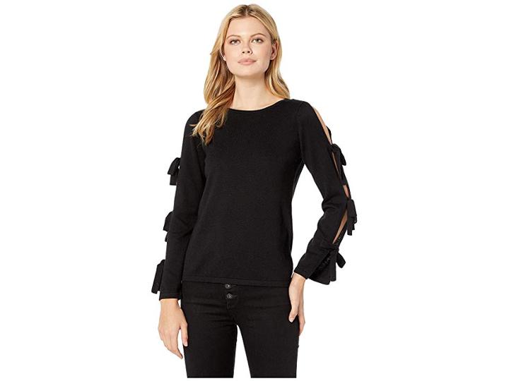 Cece Slit Bell Sleeve Sweater W/ Bows (rich Black) Women's Sweater