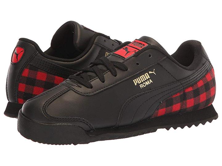 Puma Kids Roma Leather Leather Flannel Ps (little Kid) (puma Black/puma Team Gold/ribbon Red) Kids Shoes