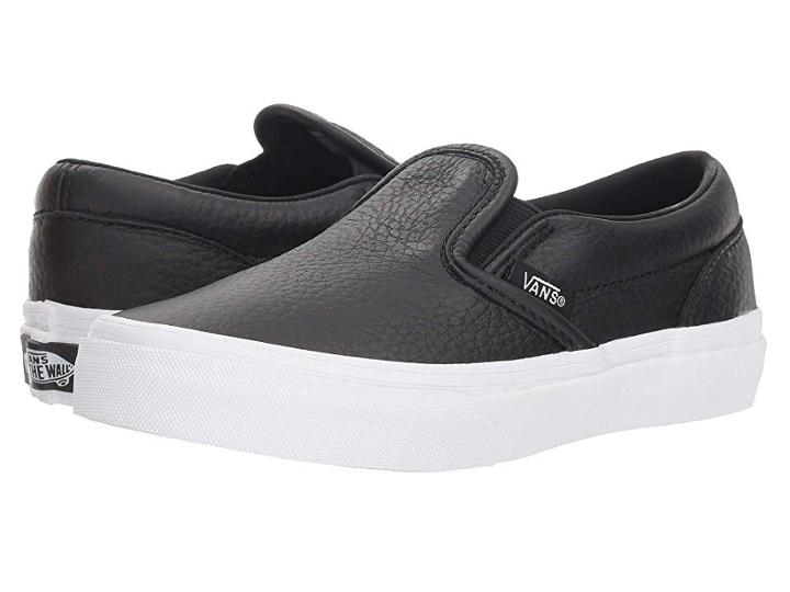 Vans Kids Classic Slip-on (little Kid/big Kid) ((tumble Leather) Black/true White) Girls Shoes