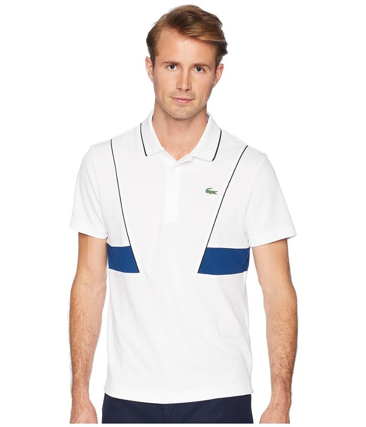 Lacoste Short Sleeve Pique Ultra Dry W/ Contrast Broken Yoke Piping (white/black Marino) Men's Short Sleeve Pullover