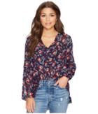 Jack By Bb Dakota Andrea Fanning Floral Mixed Print Crinkle Chiffon Top (medieval Blue) Women's Clothing