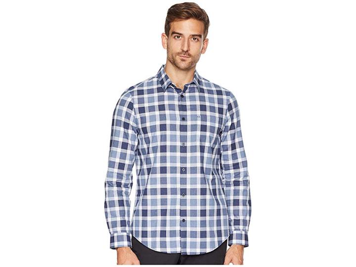 Calvin Klein Long Sleeve Straight Hem Buffalo Plaid Button Down (royal Navy) Men's Long Sleeve Button Up
