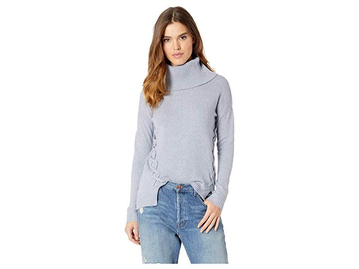 Pink Rose Cowl Neck Drop Shoulder Long Sleeve Lace-up Side Pullover (sea Breeze) Women's Clothing