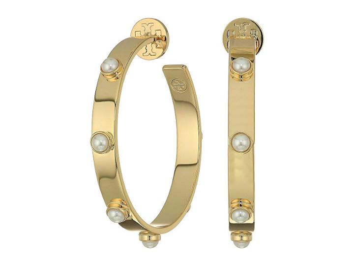 Tory Burch Stacked Studded Pearl Hoop Earrings (tory Gold/pearl) Earring