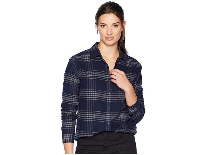 The North Face Long Sleeve Boyfriend Shirt (urban Navy Large Tartan Plaid) Women's Long Sleeve Button Up