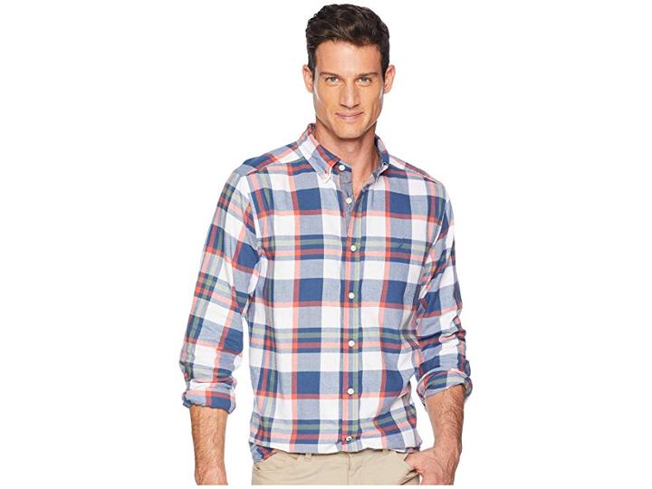 Nautica Long Sleeve Brush Twill Plaid Woven Shirt (ensign Blue) Men's Long Sleeve Button Up