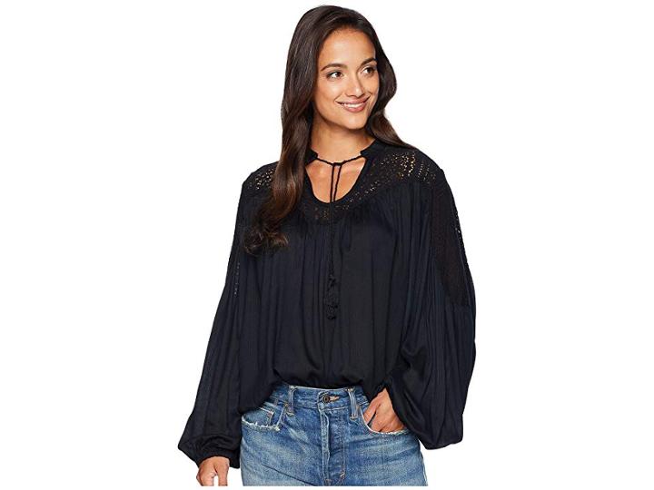 Lucky Brand Lace Mix Peasant Top (lucky Black 2) Women's Long Sleeve Pullover