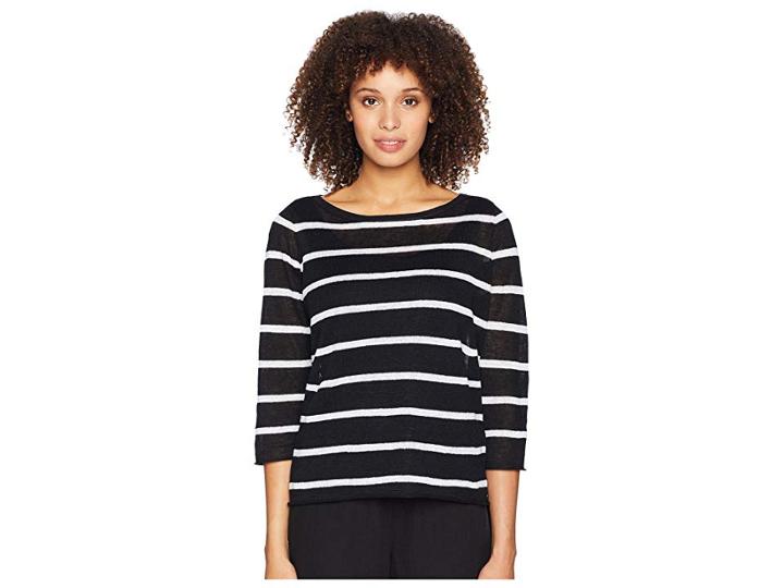 Eileen Fisher Bateau Neck Top (black/white) Women's Short Sleeve Pullover