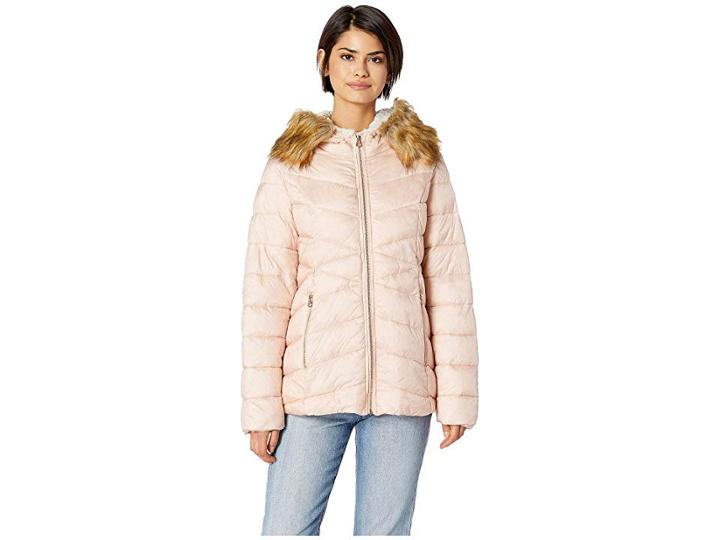 Jessica Simpson Quilted Jacket W/ Faux Fur Hood (blush) Women's Coat