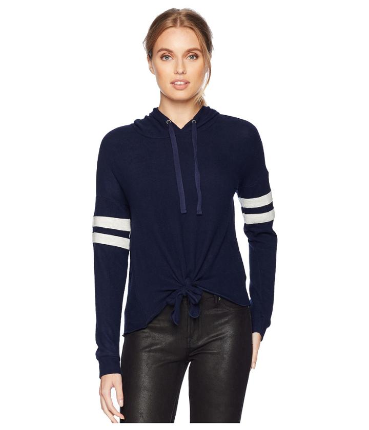 Pink Rose Oversized Drop Shoulder Long Sleeve Hooded String W/ Tie Hem (deep Indigo) Women's Sweatshirt
