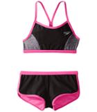 Speedo Kids Heather Splice Boyshorts Two-piece Swimsuit Set (big Kids) (speedo Black) Girl's Swimwear Sets