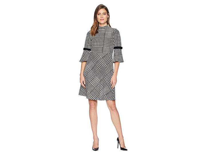 Ivanka Trump Chocker Neck Long Bell Sleeve Dress W/ Velvet Trim (glenplaid Ivory/multi) Women's Dress