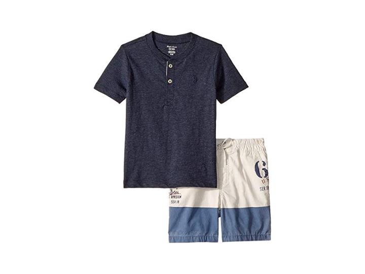 Ralph Lauren Baby Jersey Henley Poplin Shorts Set (infant) (winter Navy Heather) Boy's Active Sets