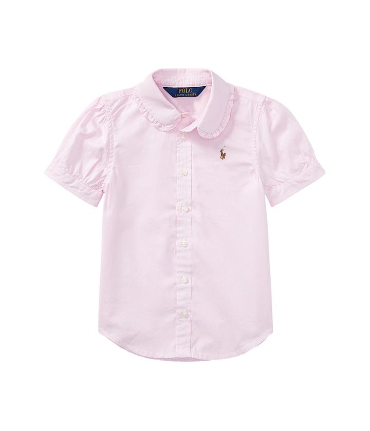 Polo Ralph Lauren Kids Solid Oxford Shirt (little Kids) (deco Pink/blue Multi Pony Player) Girl's Short Sleeve Button Up