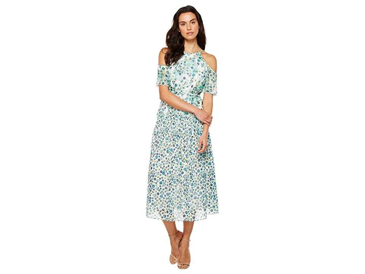 Donna Morgan Cold Shoulder Flutter Sleeve Midi Dress (turquoise Multi) Women's Dress