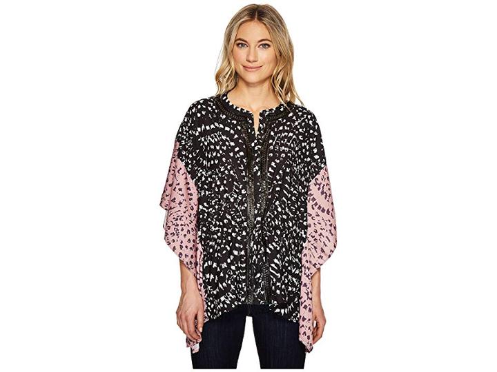 Catherine Catherine Malandrino Split-neck Tie Waist Draped Sleeve Pullover Top (texture Animal Combo) Women's Clothing