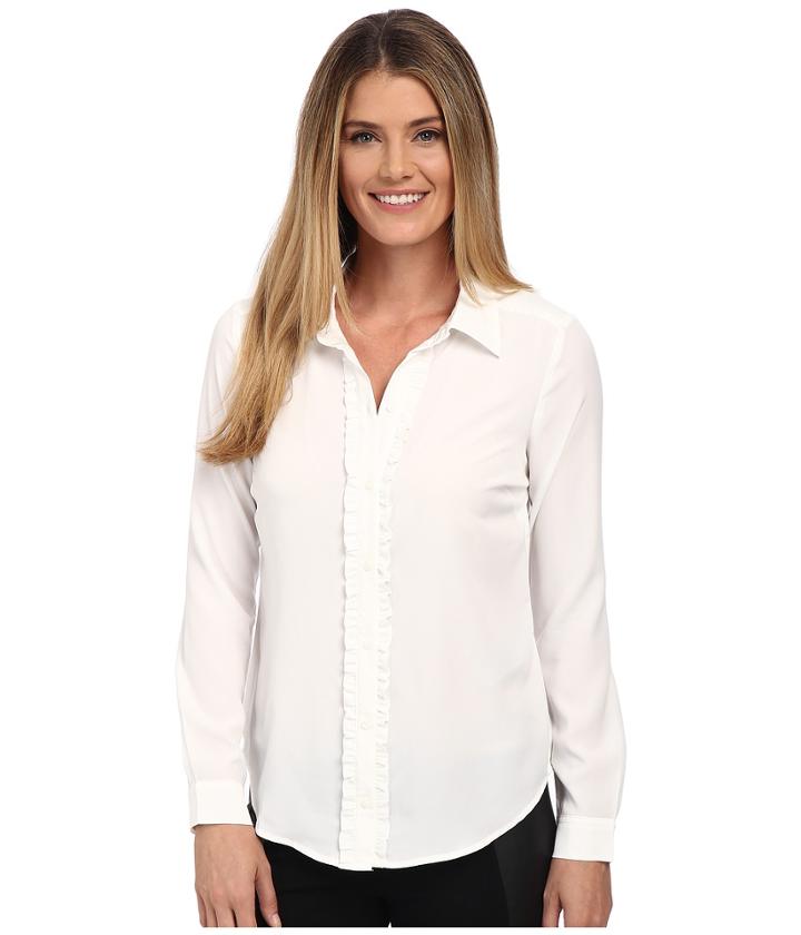 Nydj Fit Solution Ruffle Front Blouse (sugar) Women's Long Sleeve Button Up