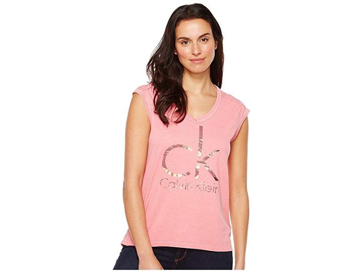 Calvin Klein Jeans Brushstroke Foil Logo Tee (rapture Rose) Women's T Shirt