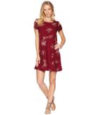Pink Rose Scoop Neck Caged Shoulder Detail Short Sleeve Dress (burgundy/mauve Floral) Women's Dress