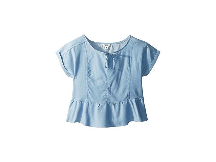 Maddie By Maddie Ziegler Chambray Short Sleeve Top With Ruffle Bottom (big Kids) (chambray) Girl's Clothing