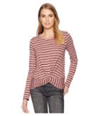 Pink Rose Long Sleeve Scoop Neck Top W/ Knot Front (mink Velvet Stripe) Women's Clothing