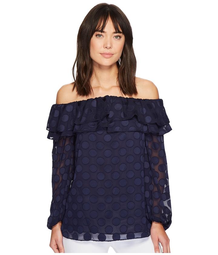 Michael Michael Kors Dot Jacquard Off Shoulder Top (true Navy) Women's Clothing