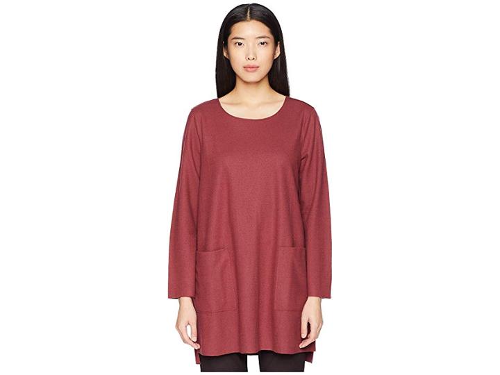 Eileen Fisher Boiled Wool Jersey Jewel Neck Boxy Tunic W/ Pockets (monterey) Women's Clothing