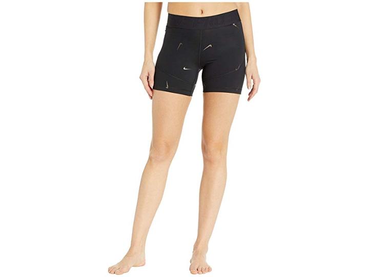Nike Pro All Over Print Metallic Swoosh Shorts 5 In. (black) Women's Shorts