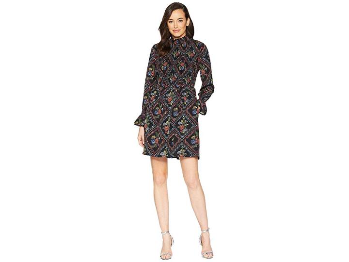 Laundry By Shelli Segal Long Sleeve Printed Smocked Shift Dress (black) Women's Dress