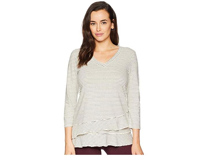 Mod-o-doc Heathered Jersey Stripe 3/4 Sleeve Asymmetrical Flounce Hem Tee (winter White) Women's T Shirt