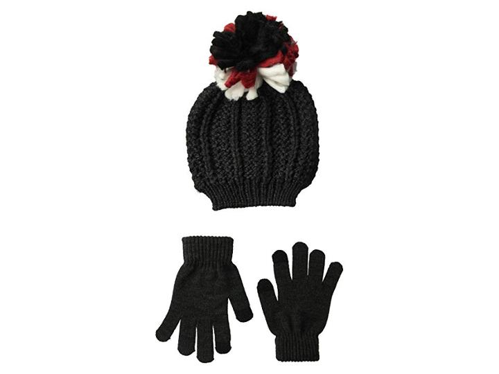Steve Madden Chunky Pom Pom Hat With Etouch Glove Set (grey) Knit Hats