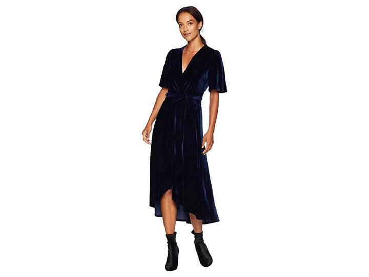 Donna Morgan Velvet Faux Wrap Dress With Flutter Sleeve (uniform Navy) Women's Dress
