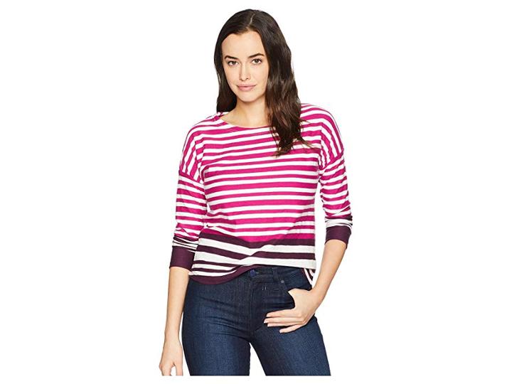 Joules Rima Button Back Jersey Top (deep Fuchsia Stripe) Women's Clothing