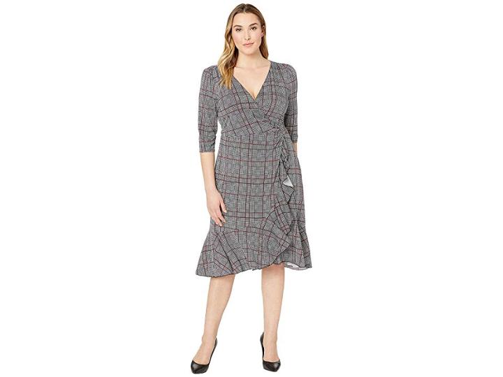 Kiyonna Flirty Flounce Wrap Dress (houndstooth Plaid) Women's Dress