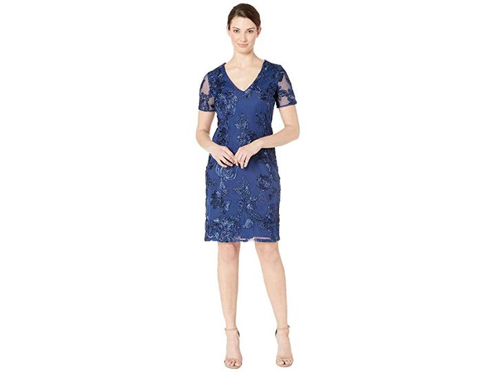 Marina Floral Embroidered Soutache Short Sleeve Sheath Dress (navy) Women's Clothing