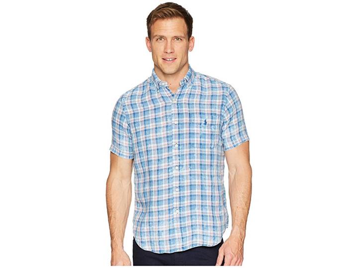Polo Ralph Lauren Linen Short Sleeve Sport Shirt (sky Blue/white Multi) Men's Clothing