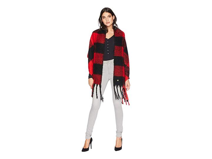 Betsey Johnson Checked Out Blanket Wrap (red) Women's Sweater