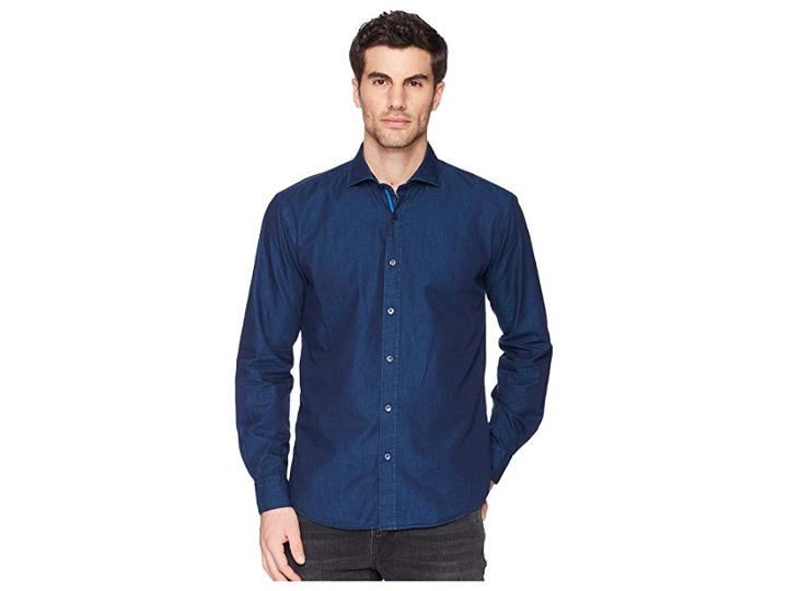 Bugatchi Shaped Fit Long Sleeve Woven Shirt (navy) Men's Long Sleeve Button Up